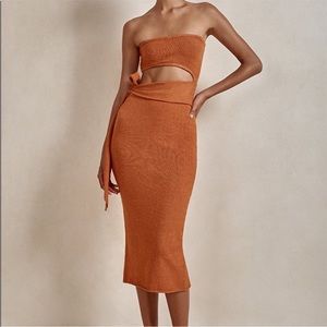 Orange cut out knit dress with tie